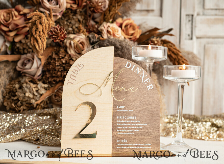 TABLE DECOR SIGNS Wood Eco Rustic Table numbers Rustic Wooden Arch Table Number & dinner menu Combo, Wood & Acrylic gold Sign, Gold Barn Plexi Table Numbers & Menu Combo Rustic Boho Wedding Table Decor, Wedding Signage Golden mirror table numbers & Menu