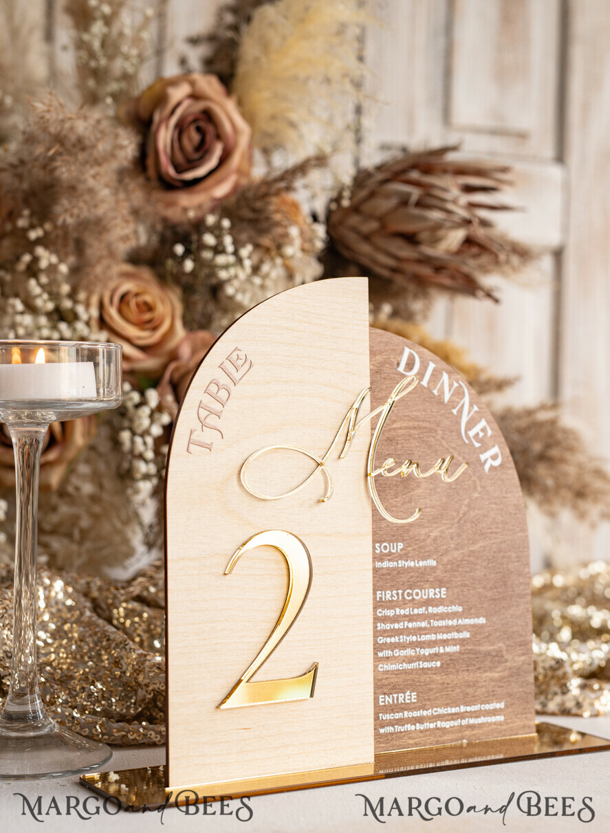 TABLE DECOR SIGNS Wood Eco Rustic Table numbers Rustic Wooden Arch Table Number & dinner menu Combo, Wood & Acrylic gold Sign, Gold Barn Plexi Table Numbers & Menu Combo Rustic Boho Wedding Table Decor, Wedding Signage Golden mirror table numbers & Menu