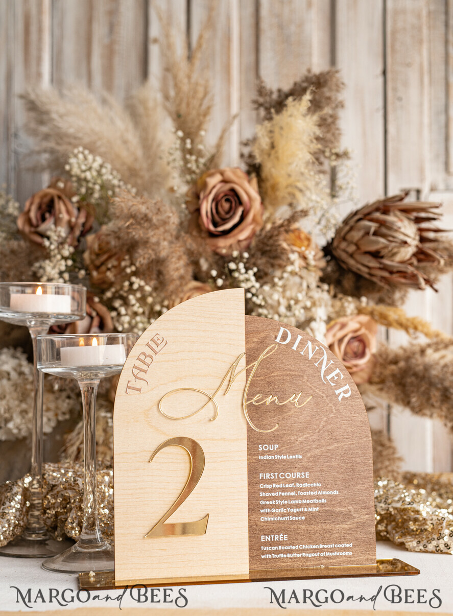 TABLE DECOR SIGNS Wood Eco Rustic Table numbers Rustic Wooden Arch Table Number & dinner menu Combo, Wood & Acrylic gold Sign, Gold Barn Plexi Table Numbers & Menu Combo Rustic Boho Wedding Table Decor, Wedding Signage Golden mirror table numbers & Menu