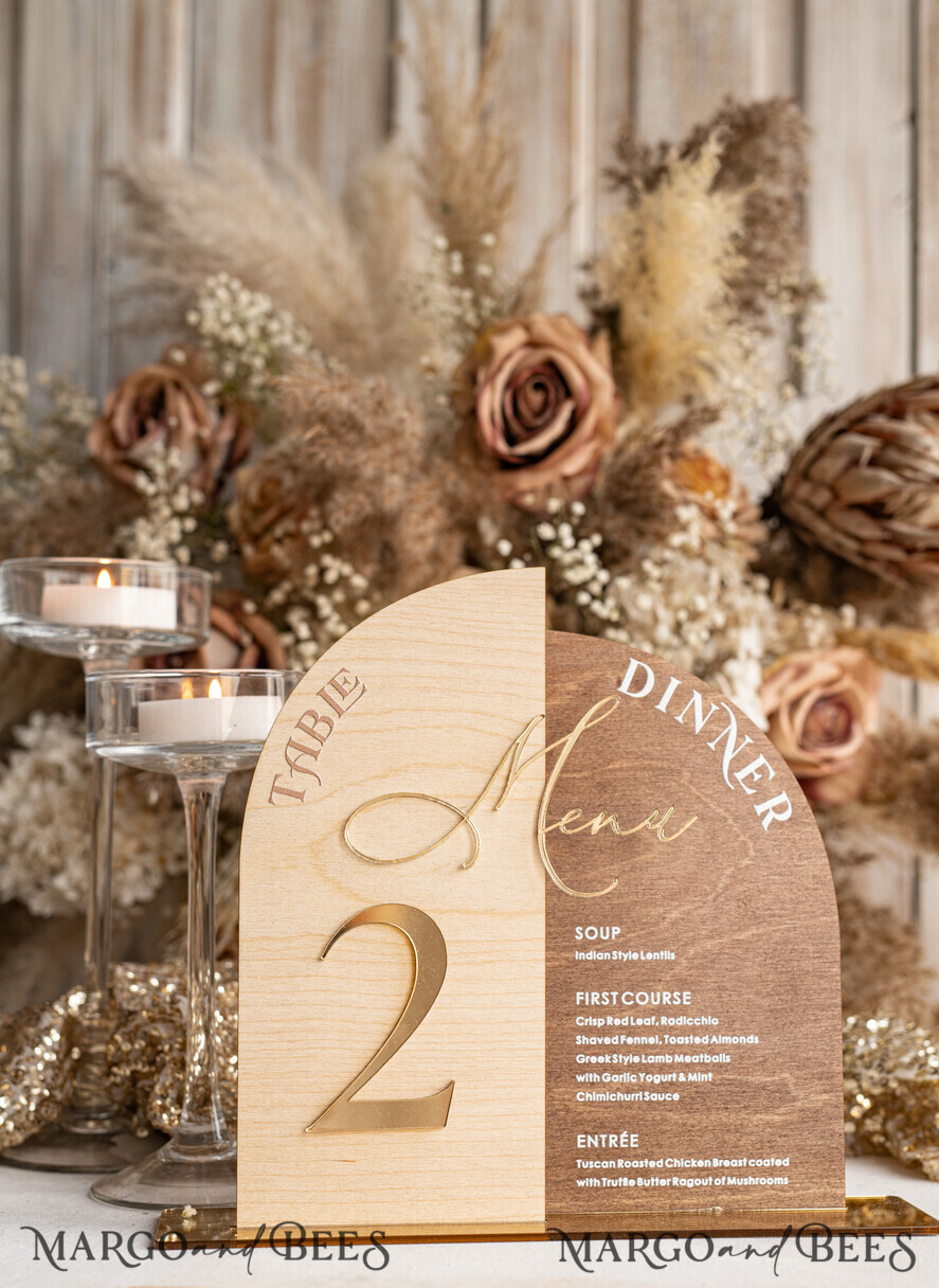 TABLE DECOR SIGNS Wood Eco Rustic Table numbers Rustic Wooden Arch Table Number & dinner menu Combo, Wood & Acrylic gold Sign, Gold Barn Plexi Table Numbers & Menu Combo Rustic Boho Wedding Table Decor, Wedding Signage Golden mirror table numbers & Menu