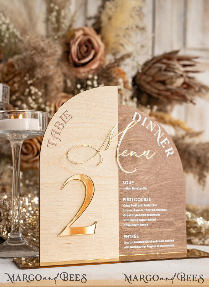 TABLE DECOR SIGNS Wood Eco Rustic Table numbers Rustic Wooden Arch Table Number & dinner menu Combo, Wood & Acrylic gold Sign, Gold Barn Plexi Table Numbers & Menu Combo Rustic Boho Wedding Table Decor, Wedding Signage Golden mirror table numbers & Menu