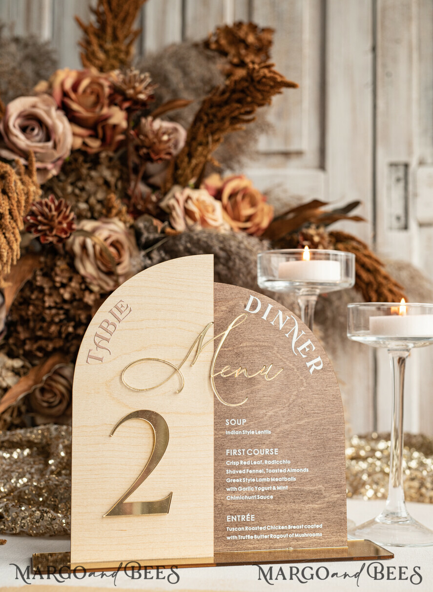 TABLE DECOR SIGNS Wood Eco Rustic Table numbers Rustic Wooden Arch Table Number & dinner menu Combo, Wood & Acrylic gold Sign, Gold Barn Plexi Table Numbers & Menu Combo Rustic Boho Wedding Table Decor, Wedding Signage Golden mirror table numbers & Menu