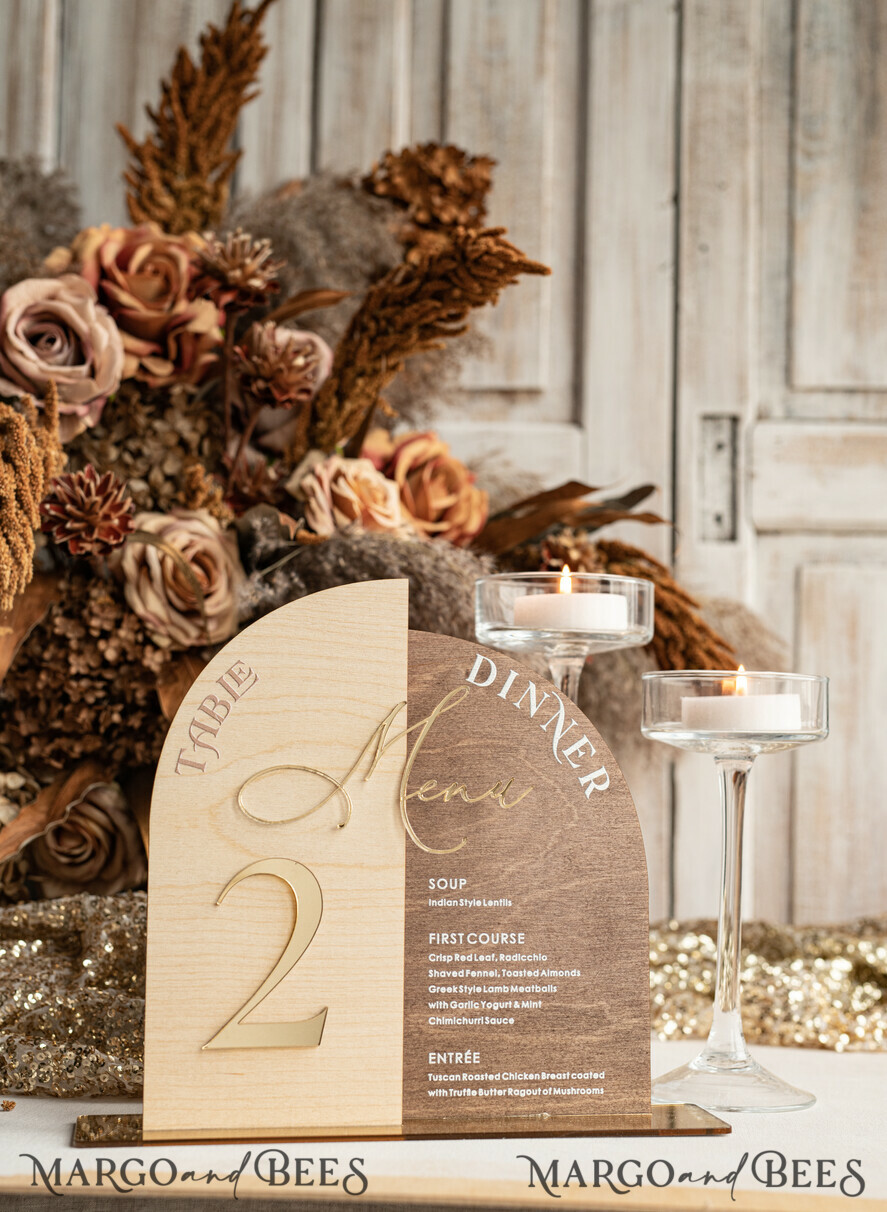 TABLE DECOR SIGNS Wood Eco Rustic Table numbers Rustic Wooden Arch Table Number & dinner menu Combo, Wood & Acrylic gold Sign, Gold Barn Plexi Table Numbers & Menu Combo Rustic Boho Wedding Table Decor, Wedding Signage Golden mirror table numbers & Menu