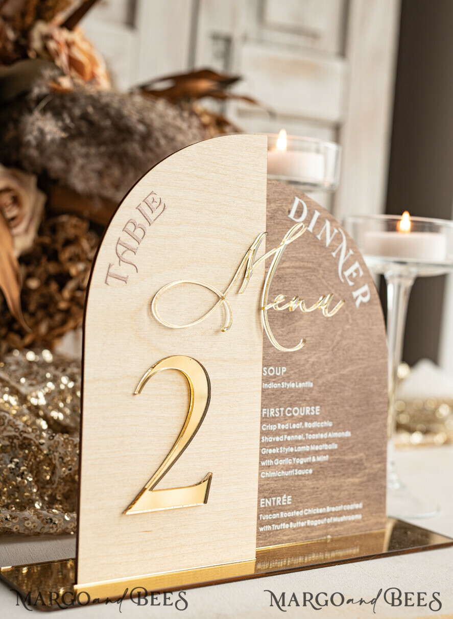 TABLE DECOR SIGNS Wood Eco Rustic Table numbers Rustic Wooden Arch Table Number & dinner menu Combo, Wood & Acrylic gold Sign, Gold Barn Plexi Table Numbers & Menu Combo Rustic Boho Wedding Table Decor, Wedding Signage Golden mirror table numbers & Menu