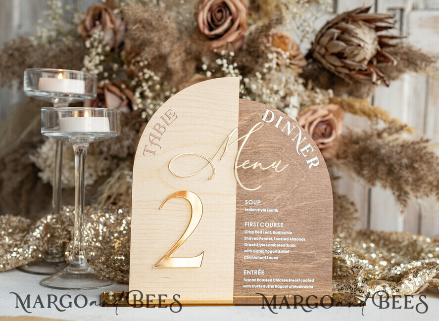TABLE DECOR SIGNS Wood Eco Rustic Table numbers Rustic Wooden Arch Table Number & dinner menu Combo, Wood & Acrylic gold Sign, Gold Barn Plexi Table Numbers & Menu Combo Rustic Boho Wedding Table Decor, Wedding Signage Golden mirror table numbers & Menu