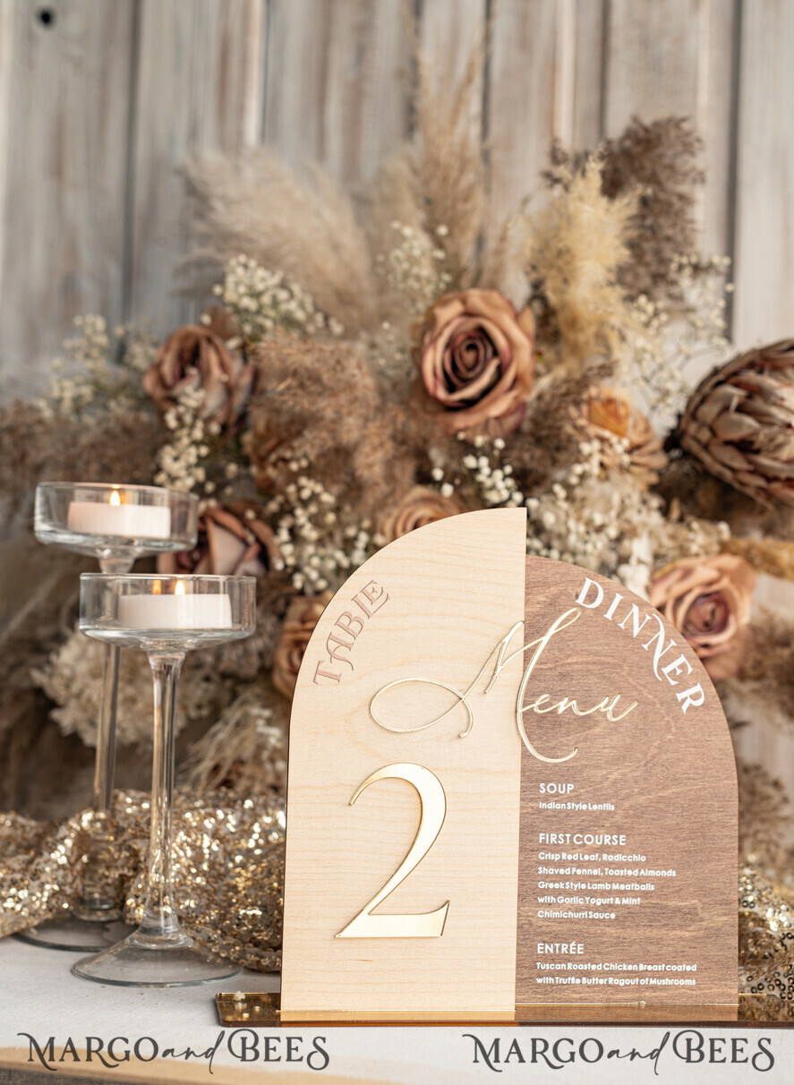 TABLE DECOR SIGNS Wood Eco Rustic Table numbers Rustic Wooden Arch Table Number & dinner menu Combo, Wood & Acrylic gold Sign, Gold Barn Plexi Table Numbers & Menu Combo Rustic Boho Wedding Table Decor, Wedding Signage Golden mirror table numbers & Menu