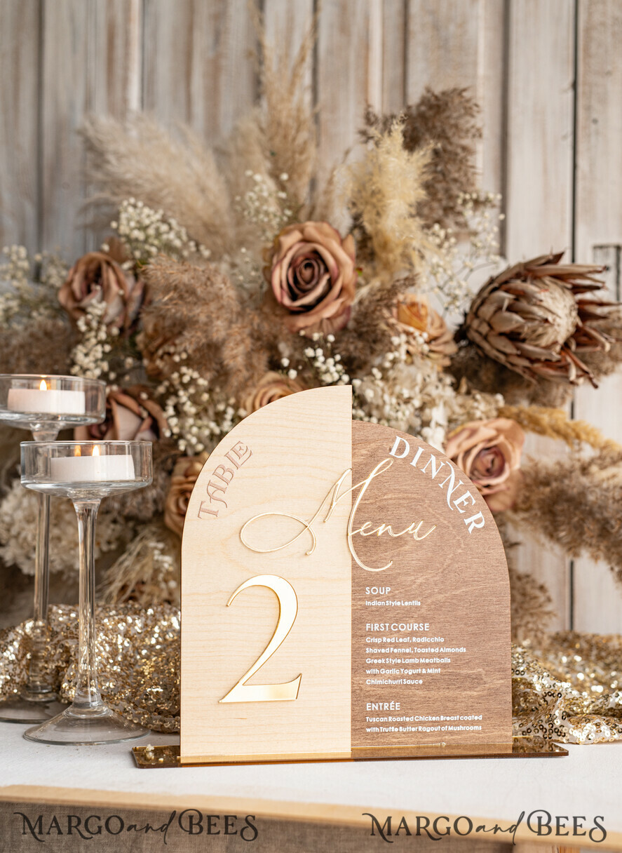 TABLE DECOR SIGNS Wood Eco Rustic Table numbers Rustic Wooden Arch Table Number & dinner menu Combo, Wood & Acrylic gold Sign, Gold Barn Plexi Table Numbers & Menu Combo Rustic Boho Wedding Table Decor, Wedding Signage Golden mirror table numbers & Menu
