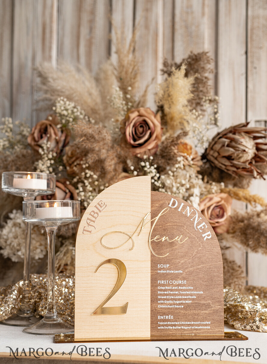 TABLE DECOR SIGNS Wood Eco Rustic Table numbers Rustic Wooden Arch Table Number & dinner menu Combo, Wood & Acrylic gold Sign, Gold Barn Plexi Table Numbers & Menu Combo Rustic Boho Wedding Table Decor, Wedding Signage Golden mirror table numbers & Menu