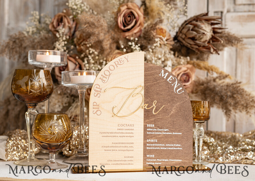 TABLE DECOR SIGNS Wood Eco Rustic Table numbers Rustic Wooden Arch Bar Menu Combo, Wood & Plexi Glass gold Drink Bar Menu Sign with Stand, Wooden Country Barn Wooden Table Bar Menu & Coctails Combo Rustical Wedding Table Decor, Wedding Signage Eco drink Bar Menu