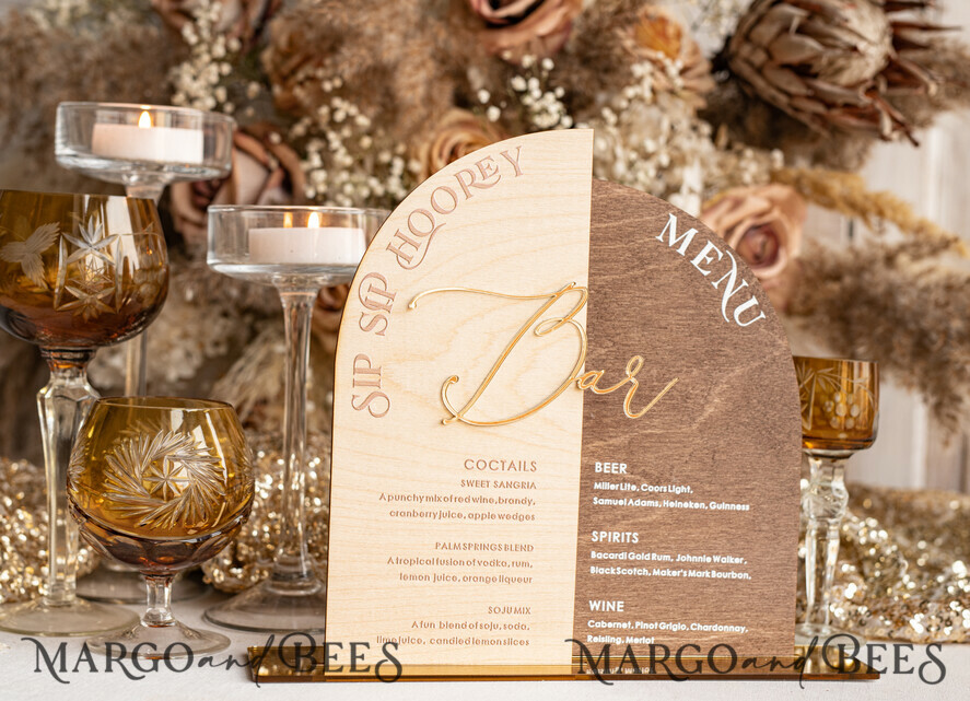 TABLE DECOR SIGNS Wood Eco Rustic Table numbers Rustic Wooden Arch Bar Menu Combo, Wood & Plexi Glass gold Drink Bar Menu Sign with Stand, Wooden Country Barn Wooden Table Bar Menu & Coctails Combo Rustical Wedding Table Decor, Wedding Signage Eco drink Bar Menu