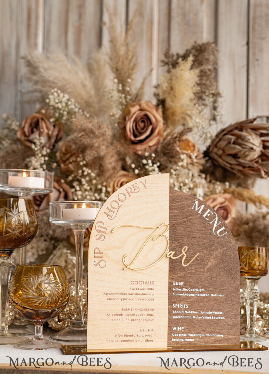TABLE DECOR SIGNS Wood Eco Rustic Table numbers Rustic Wooden Arch Bar Menu Combo, Wood & Plexi Glass gold Drink Bar Menu Sign with Stand, Wooden Country Barn Wooden Table Bar Menu & Coctails Combo Rustical Wedding Table Decor, Wedding Signage Eco drink Bar Menu
