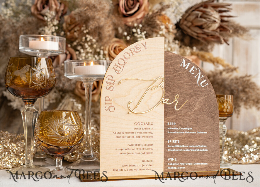 TABLE DECOR SIGNS Wood Eco Rustic Table numbers Rustic Wooden Arch Bar Menu Combo, Wood & Plexi Glass gold Drink Bar Menu Sign with Stand, Wooden Country Barn Wooden Table Bar Menu & Coctails Combo Rustical Wedding Table Decor, Wedding Signage Eco drink Bar Menu