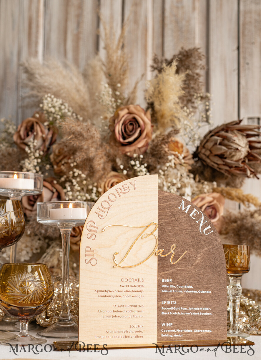 TABLE DECOR SIGNS Wood Eco Rustic Table numbers Rustic Wooden Arch Bar Menu Combo, Wood & Plexi Glass gold Drink Bar Menu Sign with Stand, Wooden Country Barn Wooden Table Bar Menu & Coctails Combo Rustical Wedding Table Decor, Wedding Signage Eco drink Bar Menu
