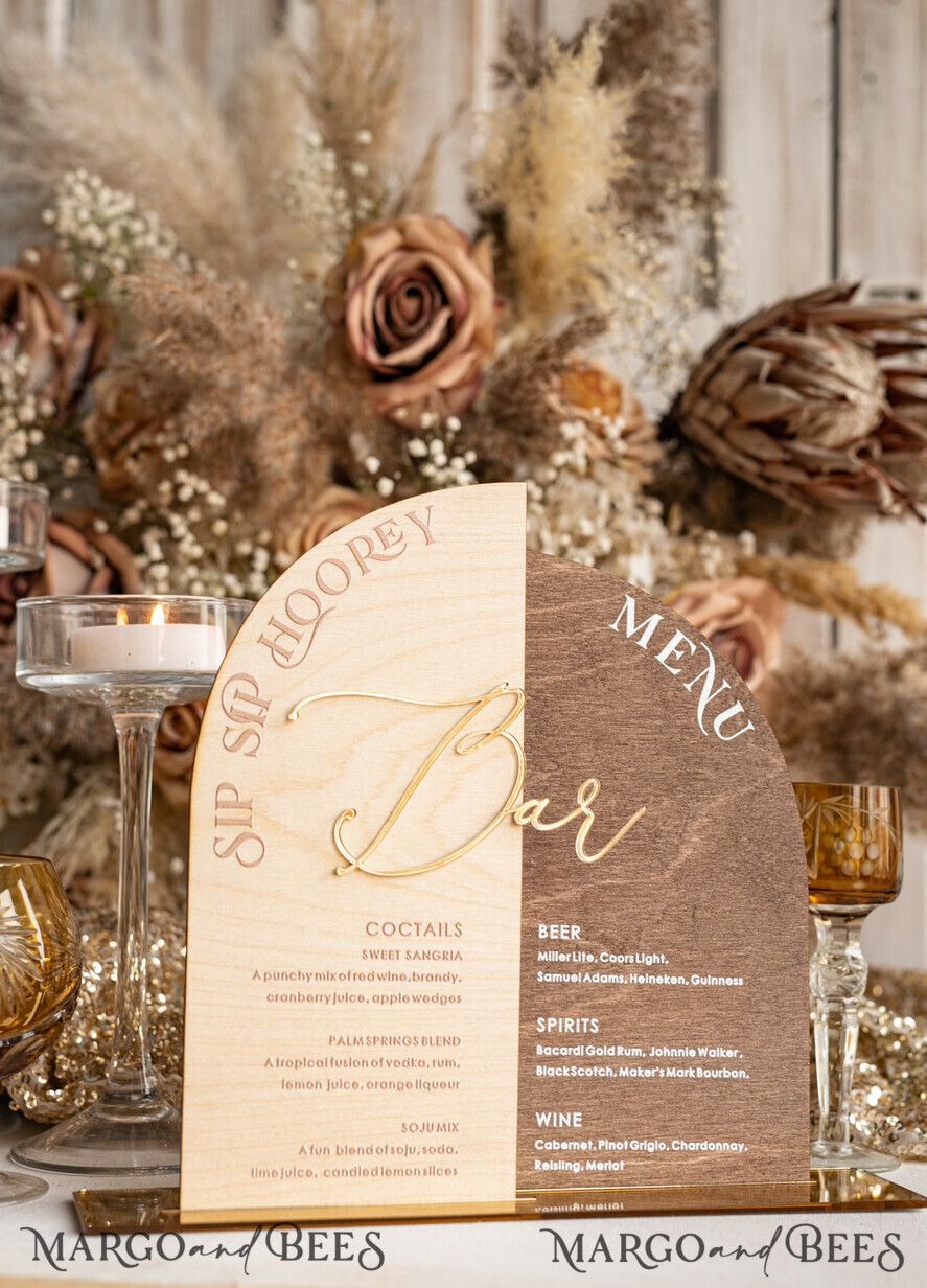 TABLE DECOR SIGNS Wood Eco Rustic Table numbers Rustic Wooden Arch Bar Menu Combo, Wood & Plexi Glass gold Drink Bar Menu Sign with Stand, Wooden Country Barn Wooden Table Bar Menu & Coctails Combo Rustical Wedding Table Decor, Wedding Signage Eco drink Bar Menu