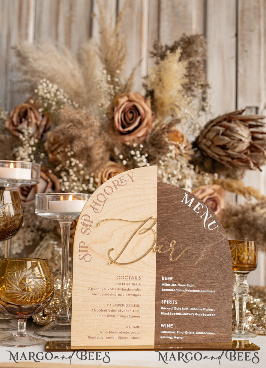 TABLE DECOR SIGNS Wood Eco Rustic Table numbers Rustic Wooden Arch Bar Menu Combo, Wood & Plexi Glass gold Drink Bar Menu Sign with Stand, Wooden Country Barn Wooden Table Bar Menu & Coctails Combo Rustical Wedding Table Decor, Wedding Signage Eco drink Bar Menu