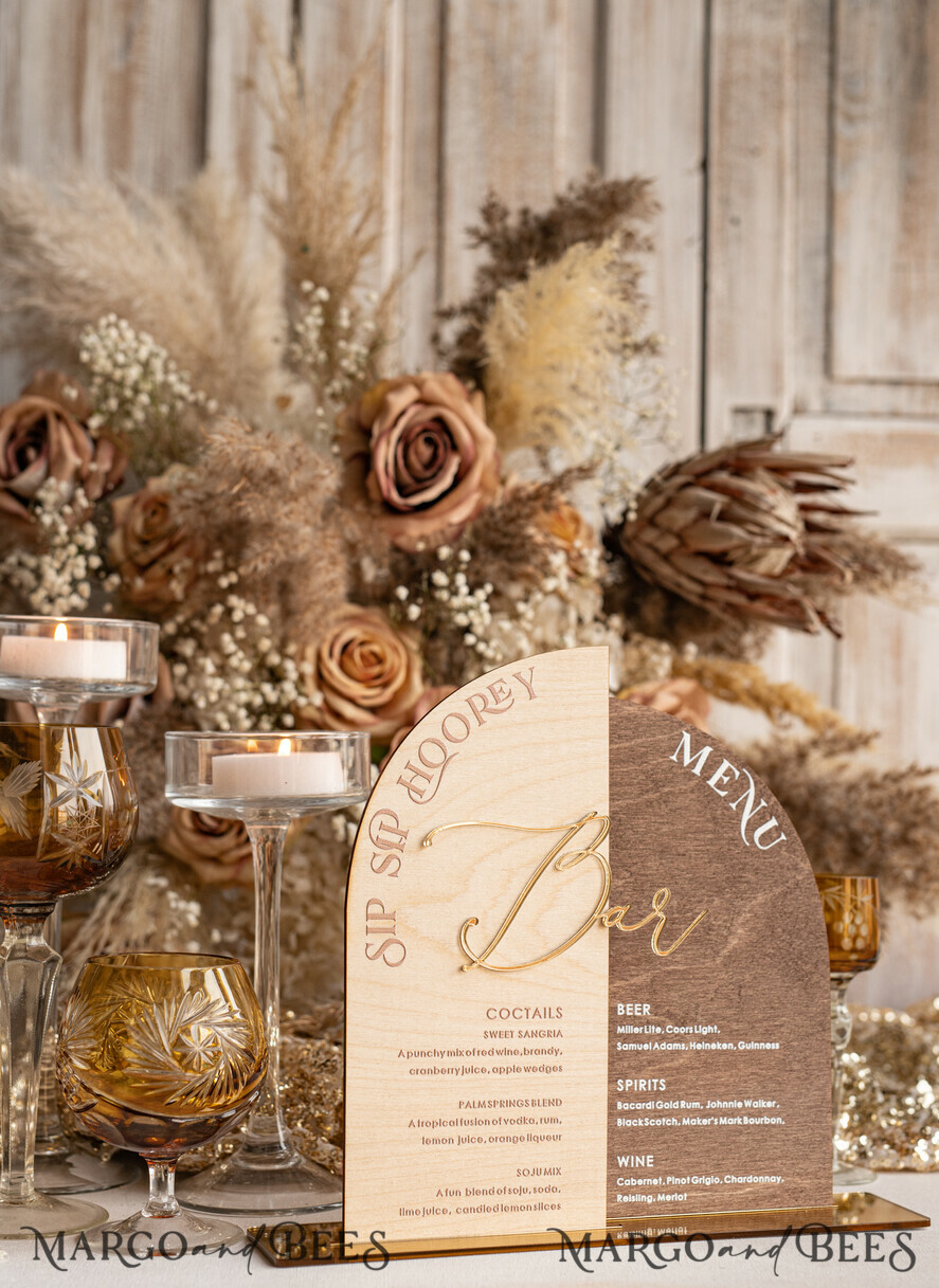 TABLE DECOR SIGNS Wood Eco Rustic Table numbers Rustic Wooden Arch Bar Menu Combo, Wood & Plexi Glass gold Drink Bar Menu Sign with Stand, Wooden Country Barn Wooden Table Bar Menu & Coctails Combo Rustical Wedding Table Decor, Wedding Signage Eco drink Bar Menu