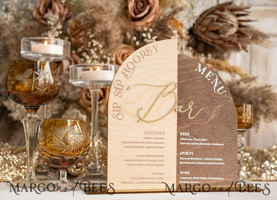 TABLE DECOR SIGNS Wood Eco Rustic Table numbers Rustic Wooden Arch Bar Menu Combo, Wood & Plexi Glass gold Drink Bar Menu Sign with Stand, Wooden Country Barn Wooden Table Bar Menu & Coctails Combo Rustical Wedding Table Decor, Wedding Signage Eco drink Bar Menu