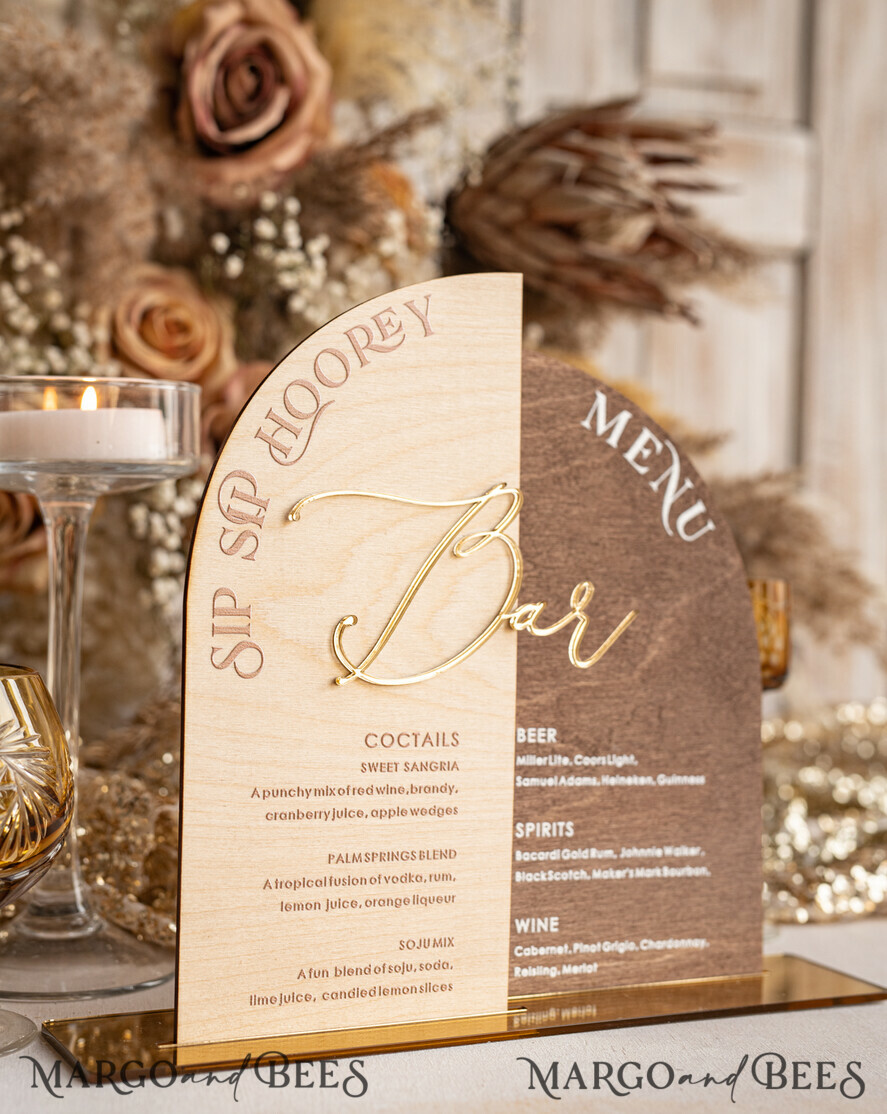 TABLE DECOR SIGNS Wood Eco Rustic Table numbers Rustic Wooden Arch Bar Menu Combo, Wood & Plexi Glass gold Drink Bar Menu Sign with Stand, Wooden Country Barn Wooden Table Bar Menu & Coctails Combo Rustical Wedding Table Decor, Wedding Signage Eco drink Bar Menu