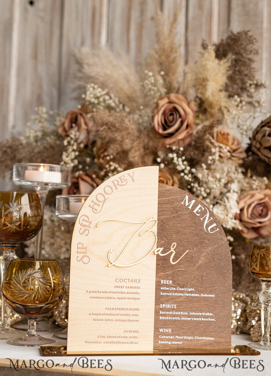 TABLE DECOR SIGNS Wood Eco Rustic Table numbers Rustic Wooden Arch Bar Menu Combo, Wood & Plexi Glass gold Drink Bar Menu Sign with Stand, Wooden Country Barn Wooden Table Bar Menu & Coctails Combo Rustical Wedding Table Decor, Wedding Signage Eco drink Bar Menu