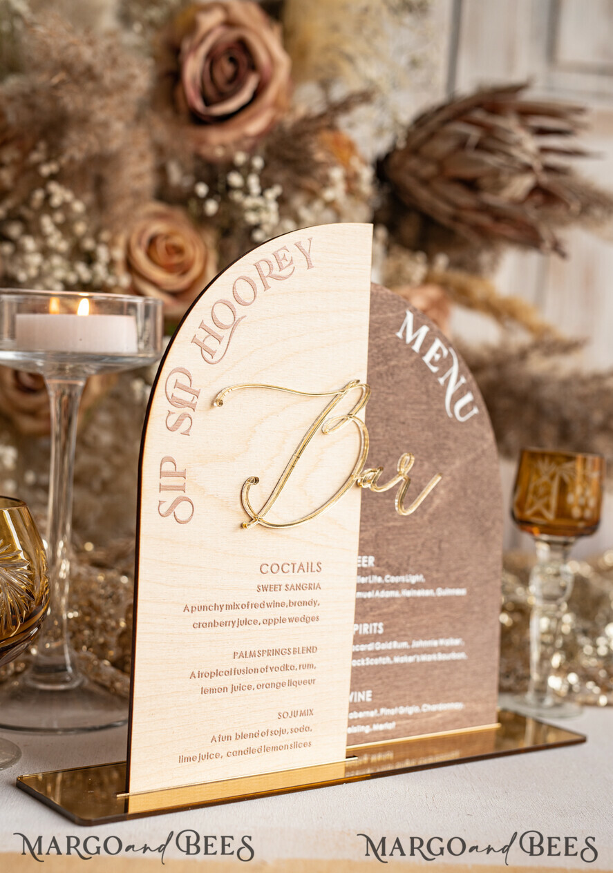 TABLE DECOR SIGNS Wood Eco Rustic Table numbers Rustic Wooden Arch Bar Menu Combo, Wood & Plexi Glass gold Drink Bar Menu Sign with Stand, Wooden Country Barn Wooden Table Bar Menu & Coctails Combo Rustical Wedding Table Decor, Wedding Signage Eco drink Bar Menu
