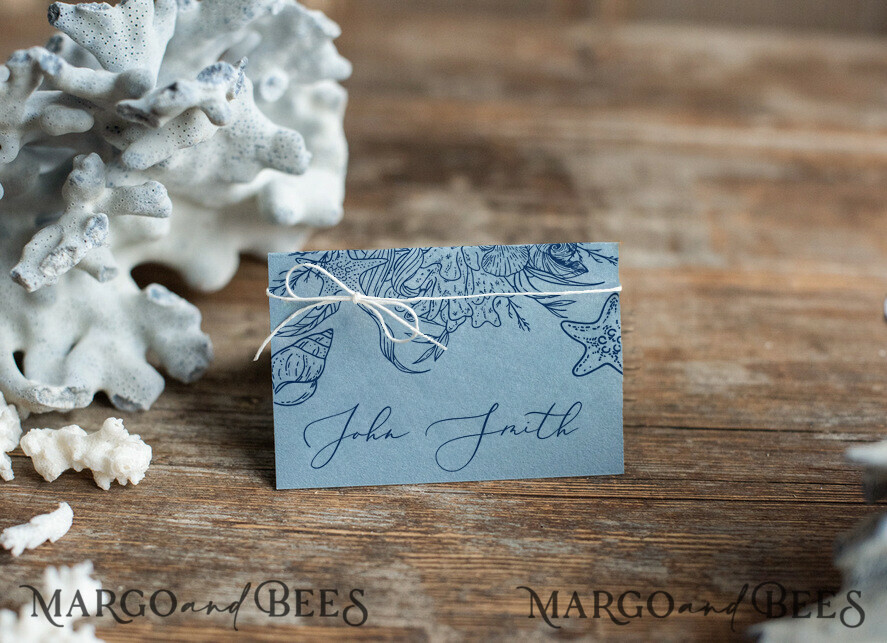 PLACE CARDS / TABLE CARDS Beach/marine/ Destionation Wedding Theme Elegant Dusty Blue Wedding Place Cards with White Twine, Blue Name Tags with Navy Blue Marine Graphic, Romantic Place Tags For Your Wedding Tables, Sea Name tag