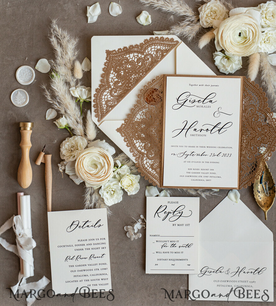 WEDDING INVITATIONS lasercut Elegant Wedding invitations suite, lace Rustic wedding invitation set, rustical wedding invites, eco rustic weding cards