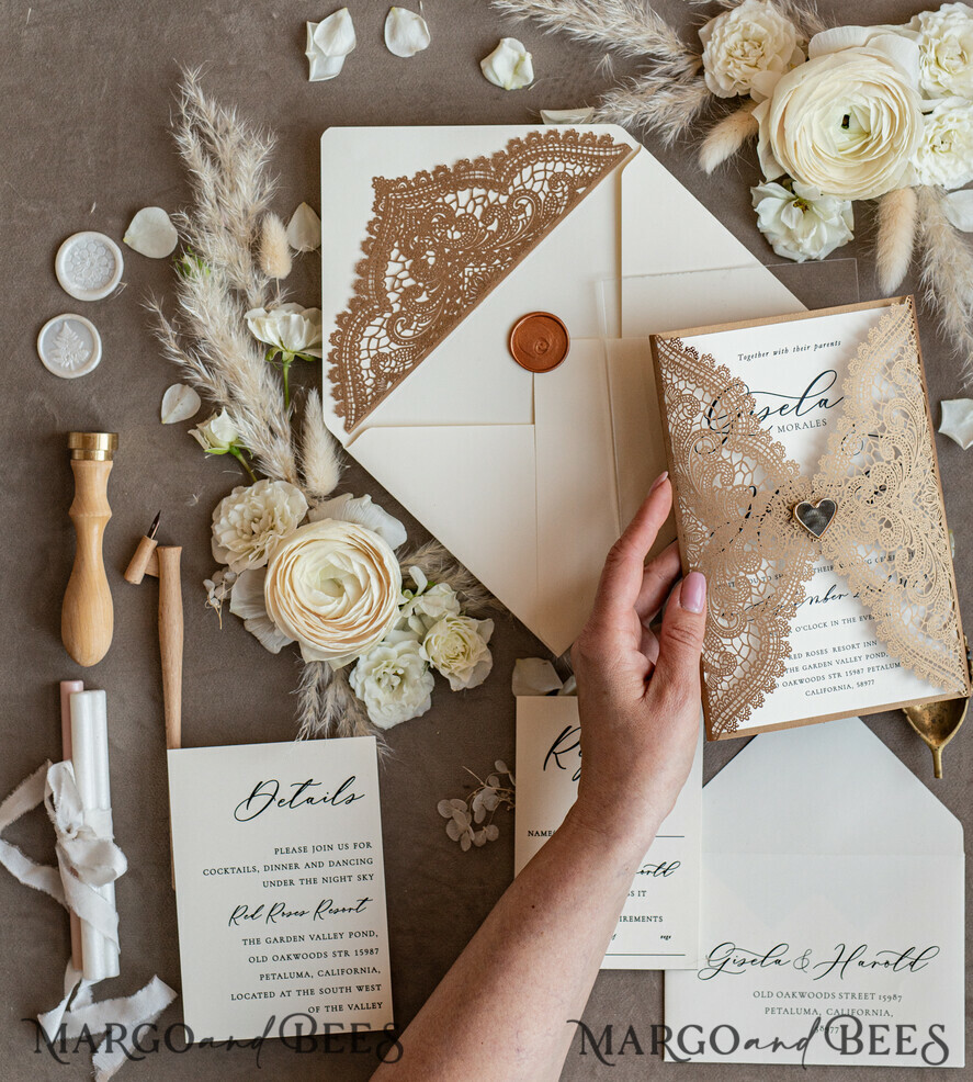 WEDDING INVITATIONS lasercut Elegant Wedding invitations suite, lace Rustic wedding invitation set, rustical wedding invites, eco rustic weding cards