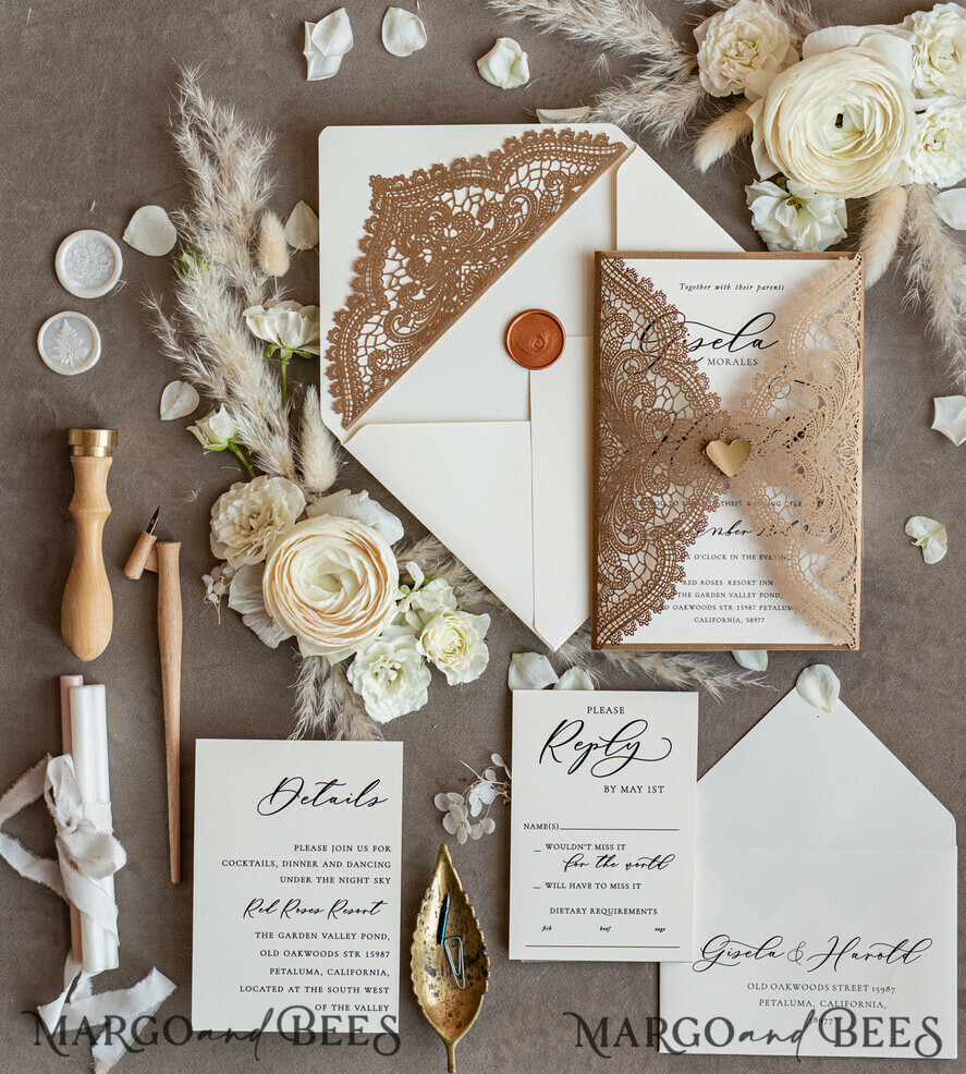 WEDDING INVITATIONS lasercut Elegant Wedding invitations suite, lace Rustic wedding invitation set, rustical wedding invites, eco rustic weding cards