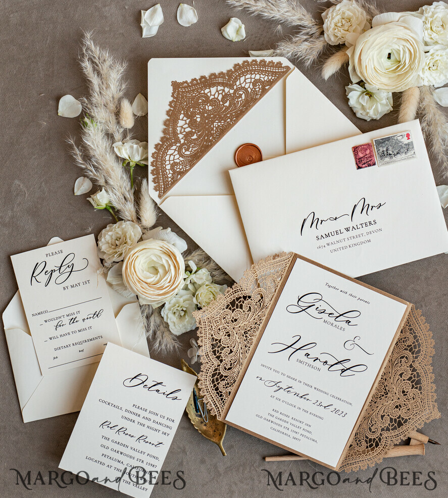 WEDDING INVITATIONS lasercut Elegant Wedding invitations suite, lace Rustic wedding invitation set, rustical wedding invites, eco rustic weding cards