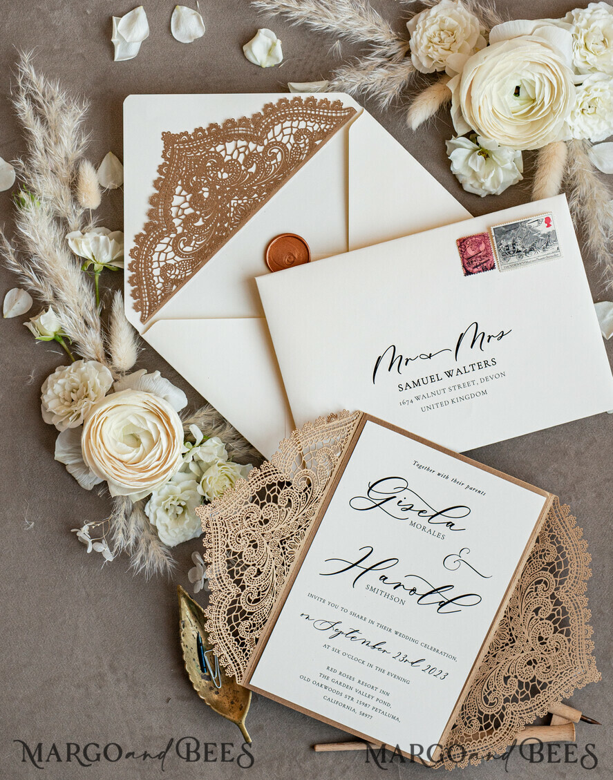 WEDDING INVITATIONS lasercut Elegant Wedding invitations suite, lace Rustic wedding invitation set, rustical wedding invites, eco rustic weding cards