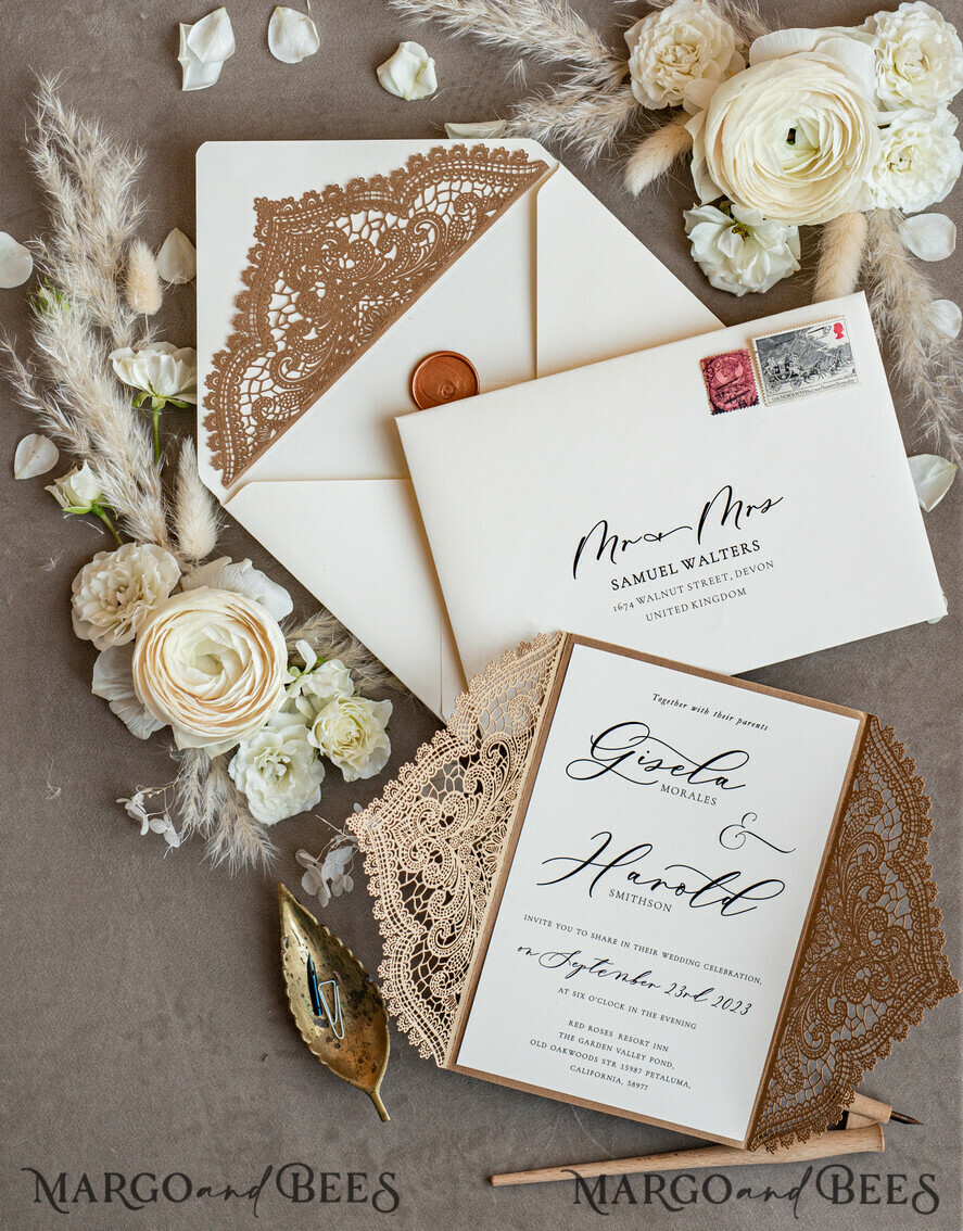 WEDDING INVITATIONS lasercut Elegant Wedding invitations suite, lace Rustic wedding invitation set, rustical wedding invites, eco rustic weding cards