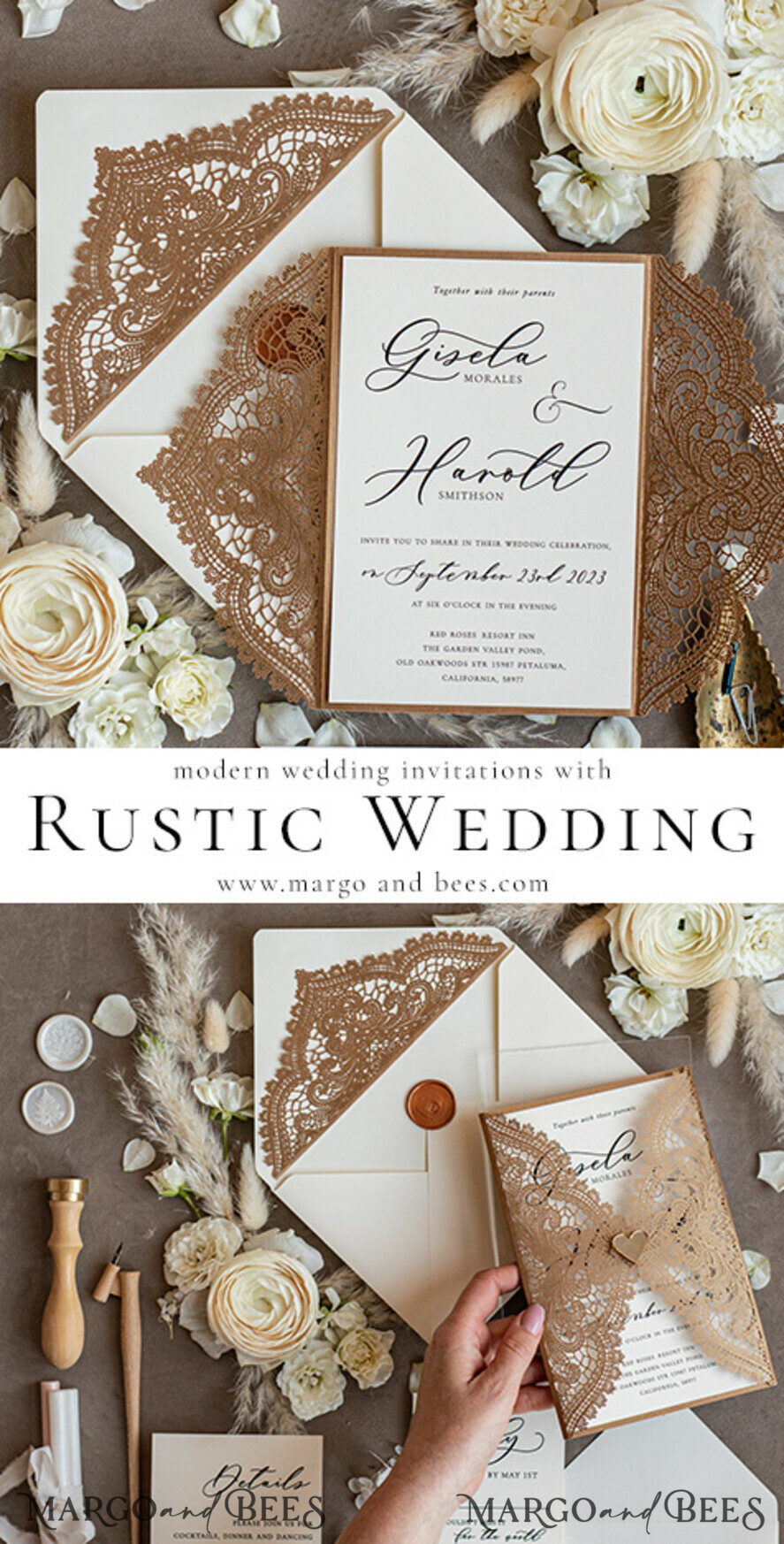 WEDDING INVITATIONS lasercut Elegant Wedding invitations suite, lace Rustic wedding invitation set, rustical wedding invites, eco rustic weding cards
