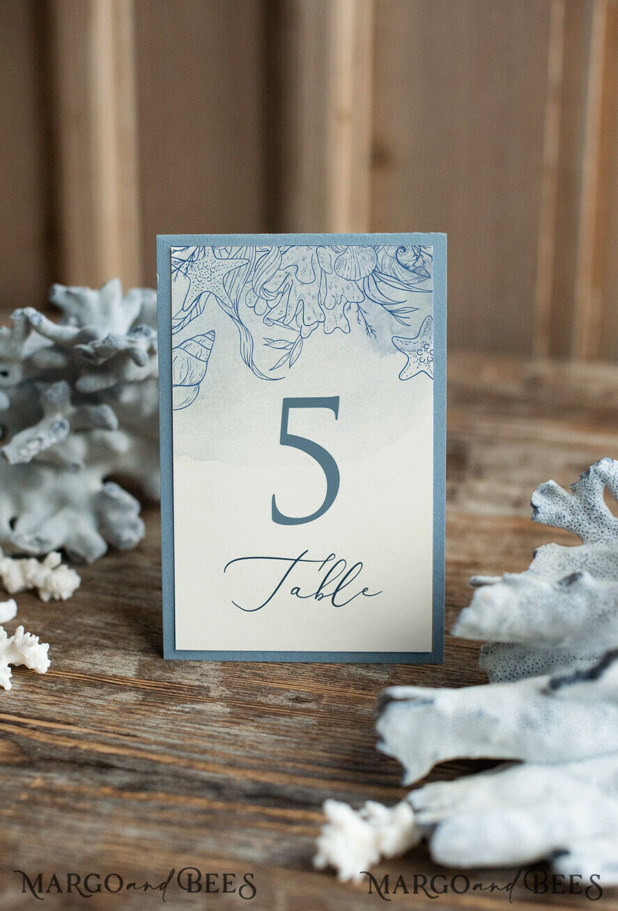 TABLE DECOR SIGNS beach Romantic Sea Ocean Wedding Table Numbers, Destination Ecru and Dusty Blue Table Numbers, Marine Table Cards, Dusty Blue Beach Wedding Table Décor, Editable Text