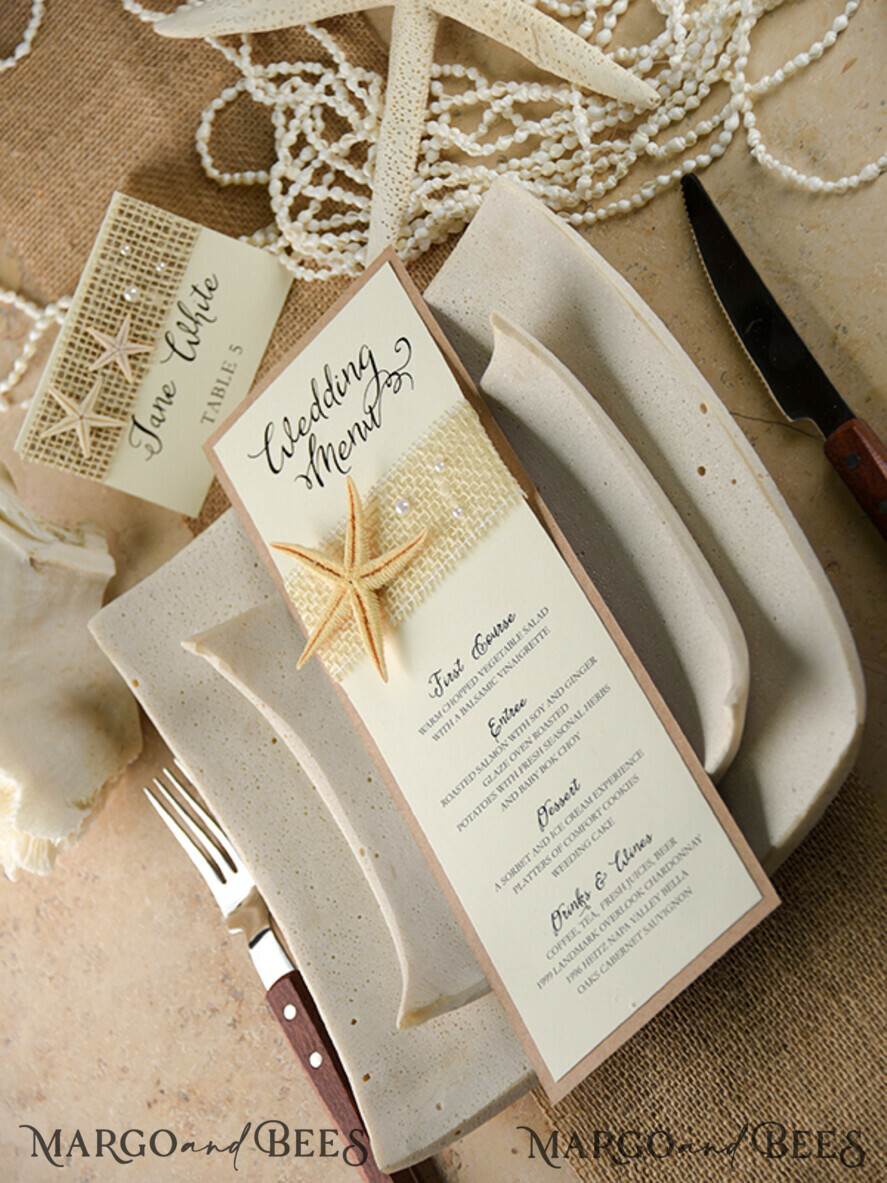 MENU & PROGRAMS beach Romantic Blue Beach Wedding Menu, Destination Wedding Menu with Raffia Twine, Deckle-edge Marine Menu Cards, Sea Ocean Wedding Menu, Unique Shell Wedding Menu