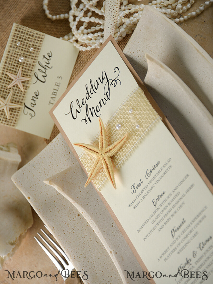 MENU & PROGRAMS beach Romantic Blue Beach Wedding Menu, Destination Wedding Menu with Raffia Twine, Deckle-edge Marine Menu Cards, Sea Ocean Wedding Menu, Unique Shell Wedding Menu