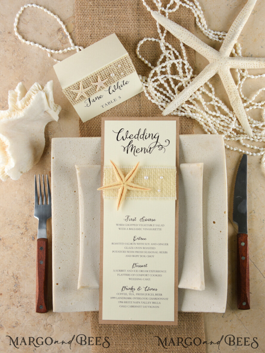 MENU & PROGRAMS beach Romantic Blue Beach Wedding Menu, Destination Wedding Menu with Raffia Twine, Deckle-edge Marine Menu Cards, Sea Ocean Wedding Menu, Unique Shell Wedding Menu