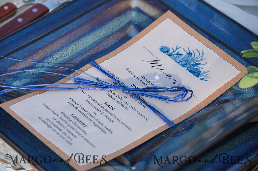 MENU & PROGRAMS beach Romantic Blue Beach Wedding Menu, Destination Wedding Menu with Raffia Twine, Deckle-edge Marine Menu Cards, Sea Ocean Wedding Menu, Unique Shell Wedding Menu