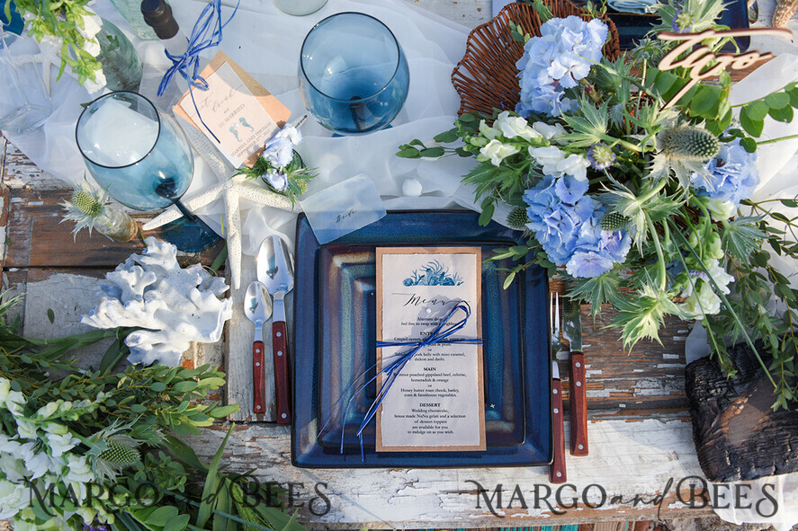 MENU & PROGRAMS beach Romantic Blue Beach Wedding Menu, Destination Wedding Menu with Raffia Twine, Deckle-edge Marine Menu Cards, Sea Ocean Wedding Menu, Unique Shell Wedding Menu