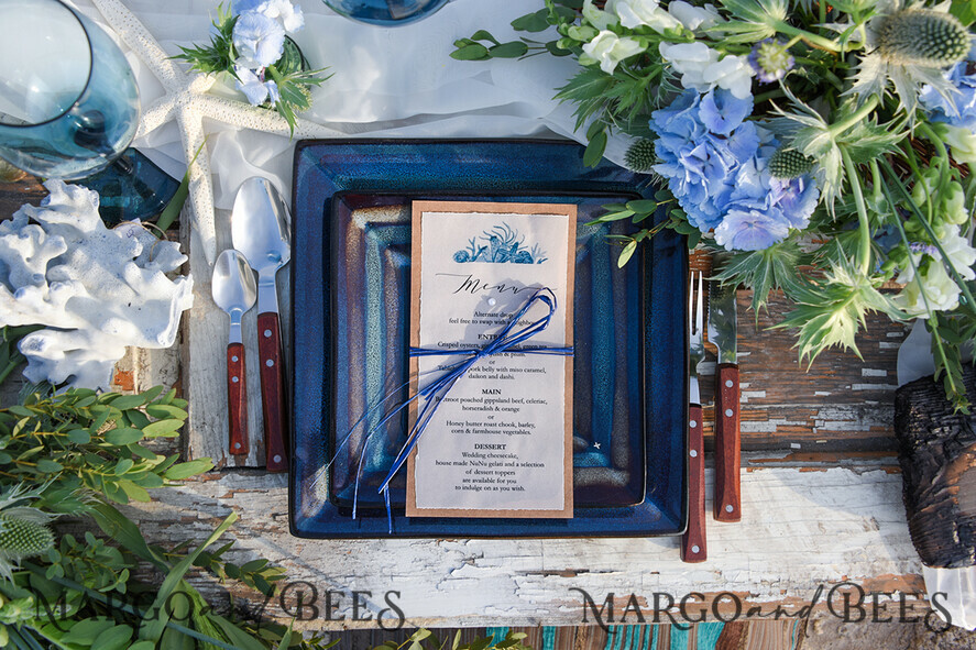 MENU & PROGRAMS beach Romantic Blue Beach Wedding Menu, Destination Wedding Menu with Raffia Twine, Deckle-edge Marine Menu Cards, Sea Ocean Wedding Menu, Unique Shell Wedding Menu