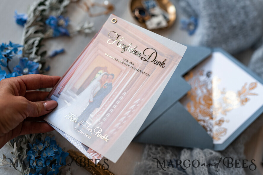 THANK YOU CARDS modern/romantic Wedding Thank You cards with photo, Vellum Gold Thank You cards Dusty Blue and Gold Custom Personalised Thank You Crads