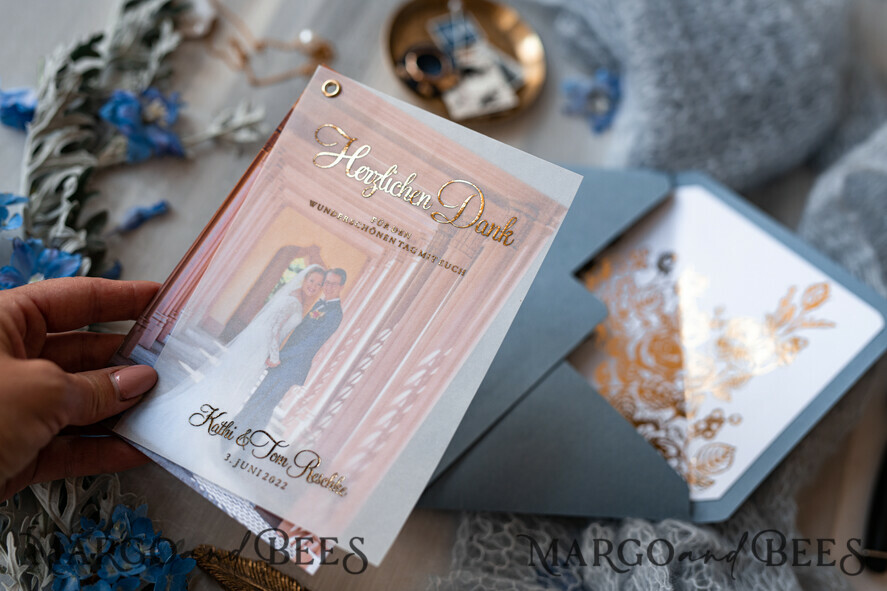 THANK YOU CARDS modern/romantic Wedding Thank You cards with photo, Vellum Gold Thank You cards Dusty Blue and Gold Custom Personalised Thank You Crads