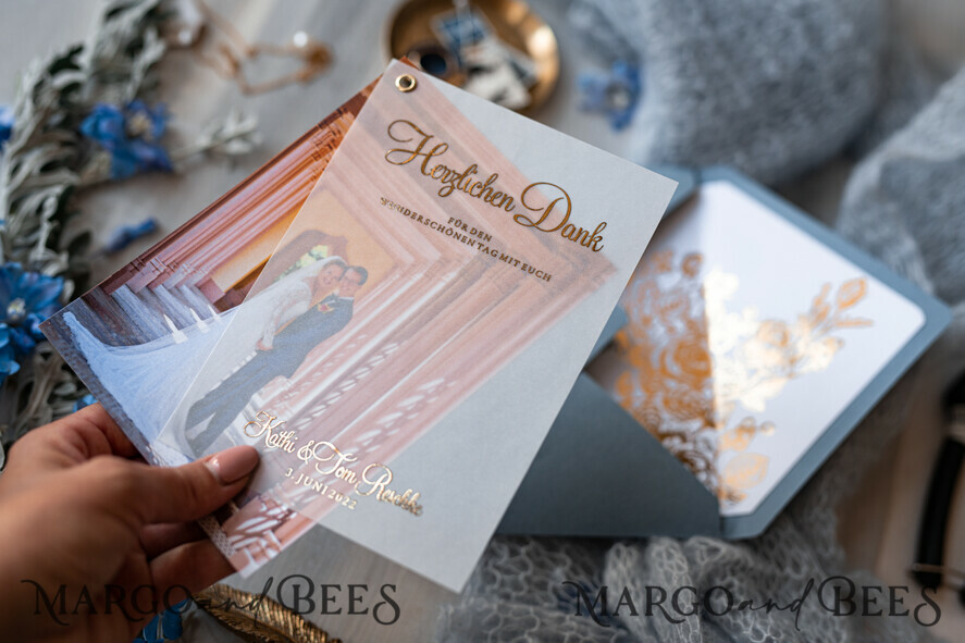 THANK YOU CARDS modern/romantic Wedding Thank You cards with photo, Vellum Gold Thank You cards Dusty Blue and Gold Custom Personalised Thank You Crads