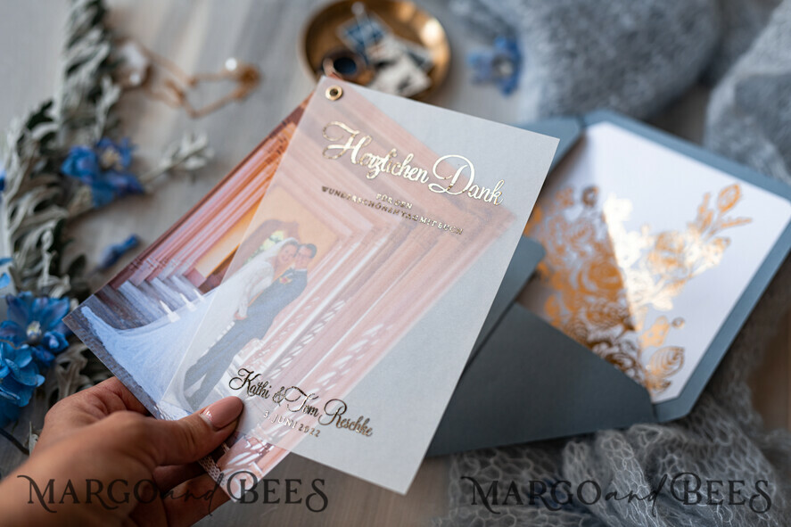 THANK YOU CARDS modern/romantic Wedding Thank You cards with photo, Vellum Gold Thank You cards Dusty Blue and Gold Custom Personalised Thank You Crads