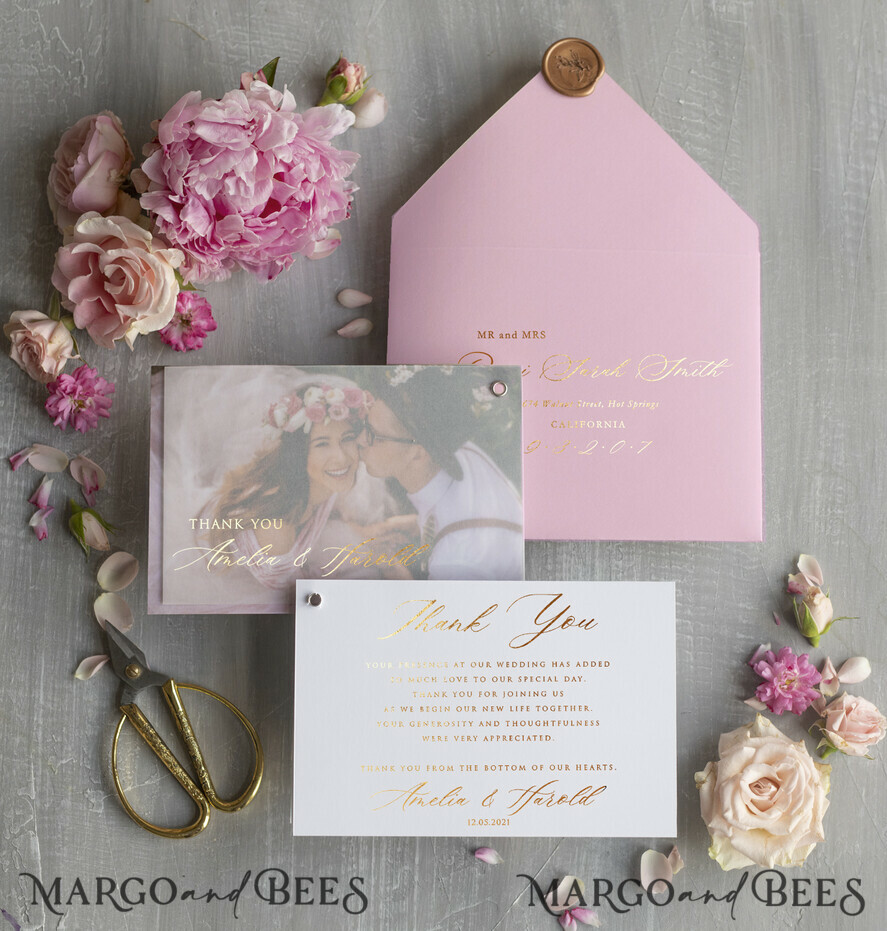 THANK YOU CARDS modern/romantic Wedding custom thank you note card with photo pink gold