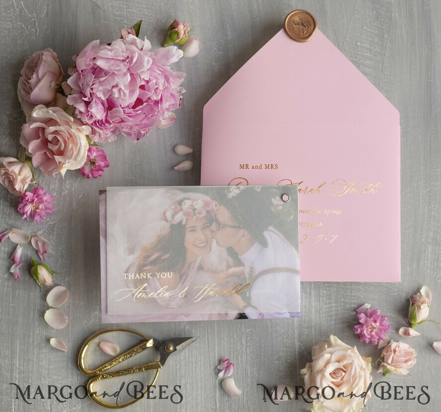THANK YOU CARDS modern/romantic Wedding custom thank you note card with photo pink gold