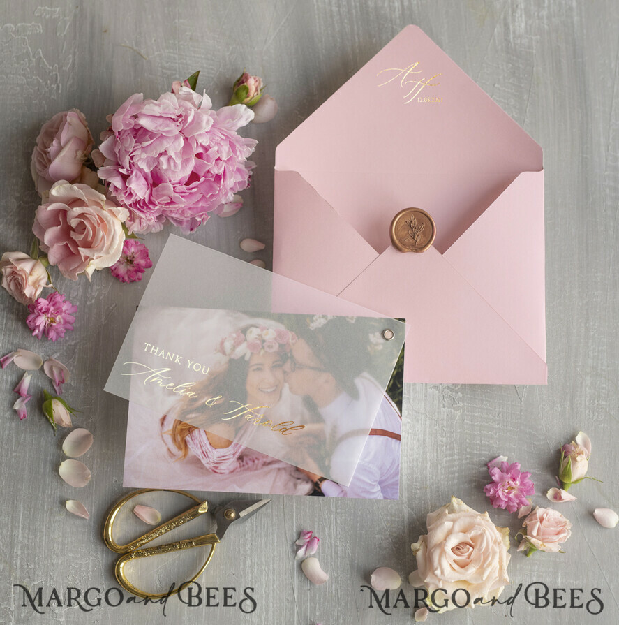 THANK YOU CARDS modern/romantic Wedding custom thank you note card with photo pink gold