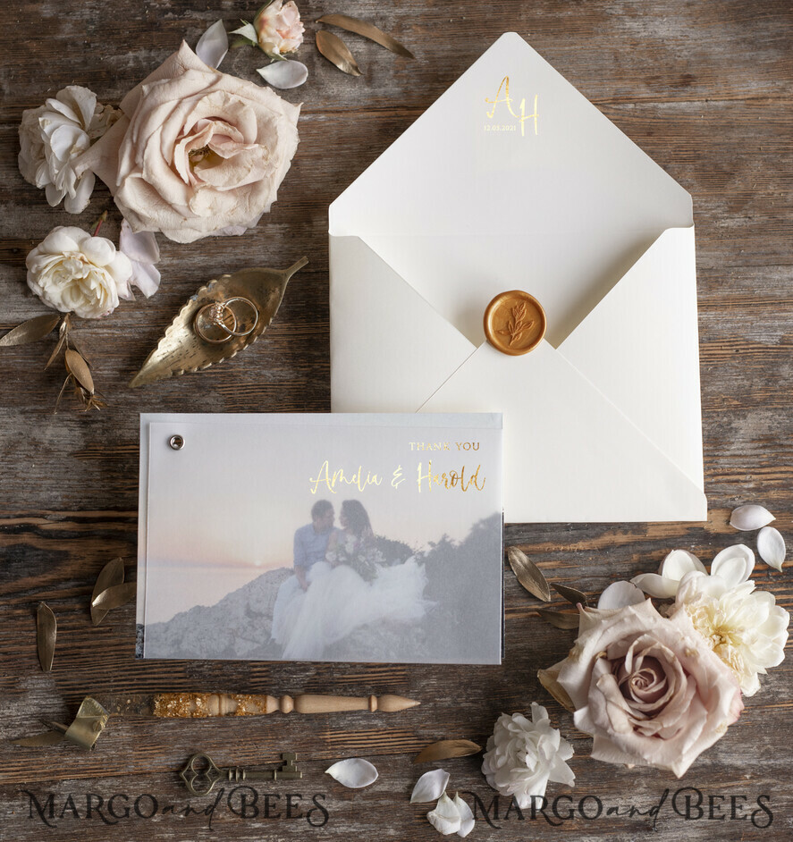 THANK YOU CARDS modern/romantic Thank you card with photo peach gold