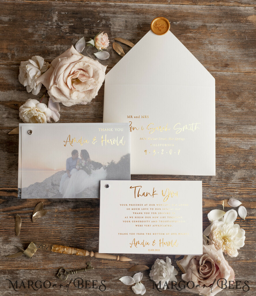 THANK YOU CARDS modern/romantic Thank you card with photo peach gold
