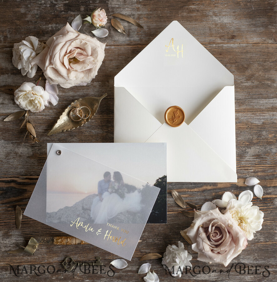 THANK YOU CARDS modern/romantic Thank you card with photo peach gold