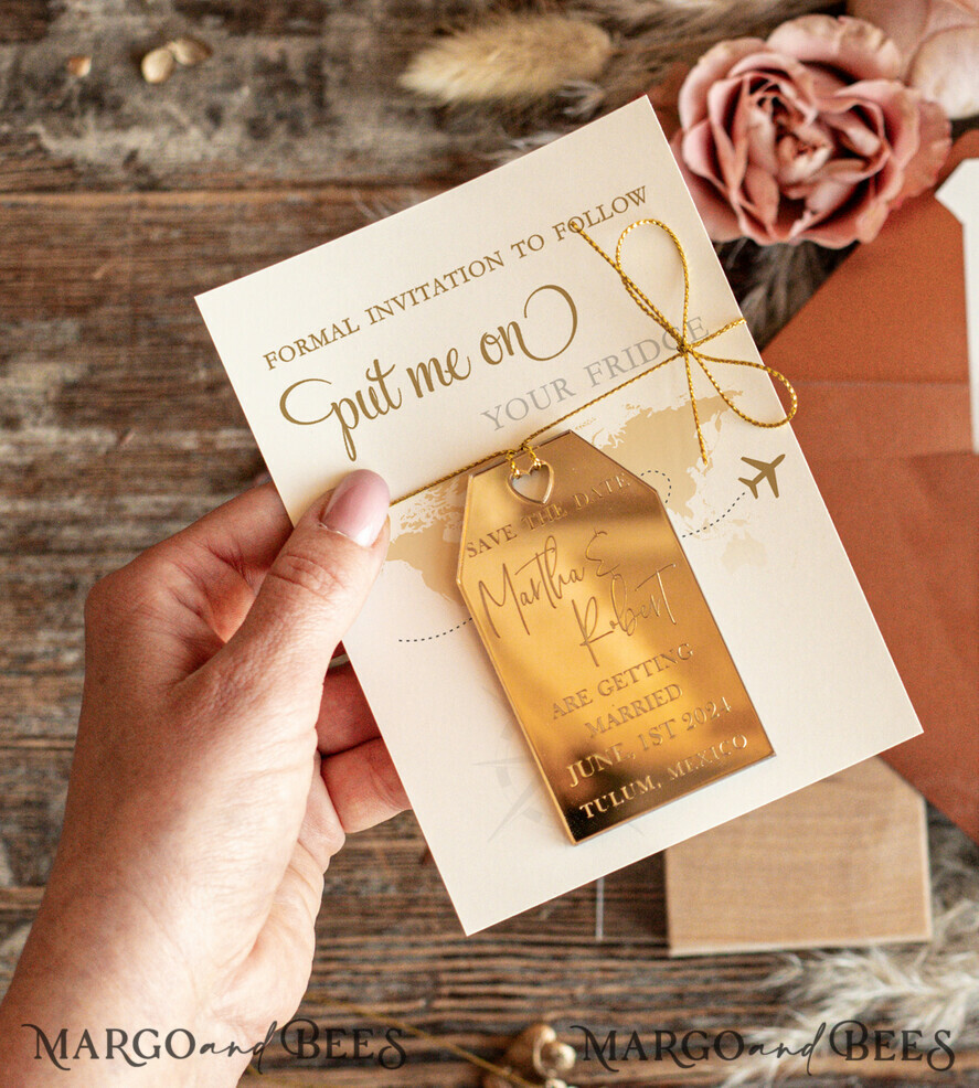 SAVE THE DATES beach travel magnets Personalised Travel Save the Date Acrylic Tag Magnet and Card, Gold Terracotta Luggage Tag Wedding Save The Dates Acrylic Magnets, Save The Date Cards